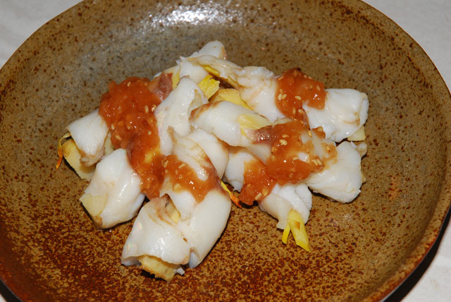 旬のタケノコ メジナ巻き梅肉ソース 魚料理レシピデータベース